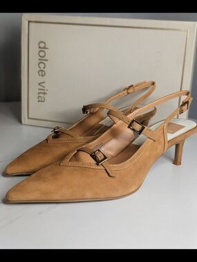 Dolce Vita Tan Suede Slingback Heels Pointed Toe Kitten Heel Size 8 NIB